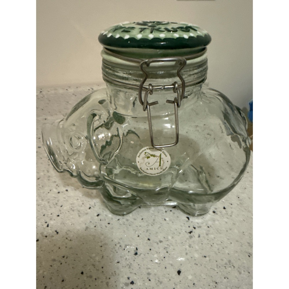 Amici Handmade Italian Glass Piggy Bank Piggy We Trust Green Ceramic Lid Clear